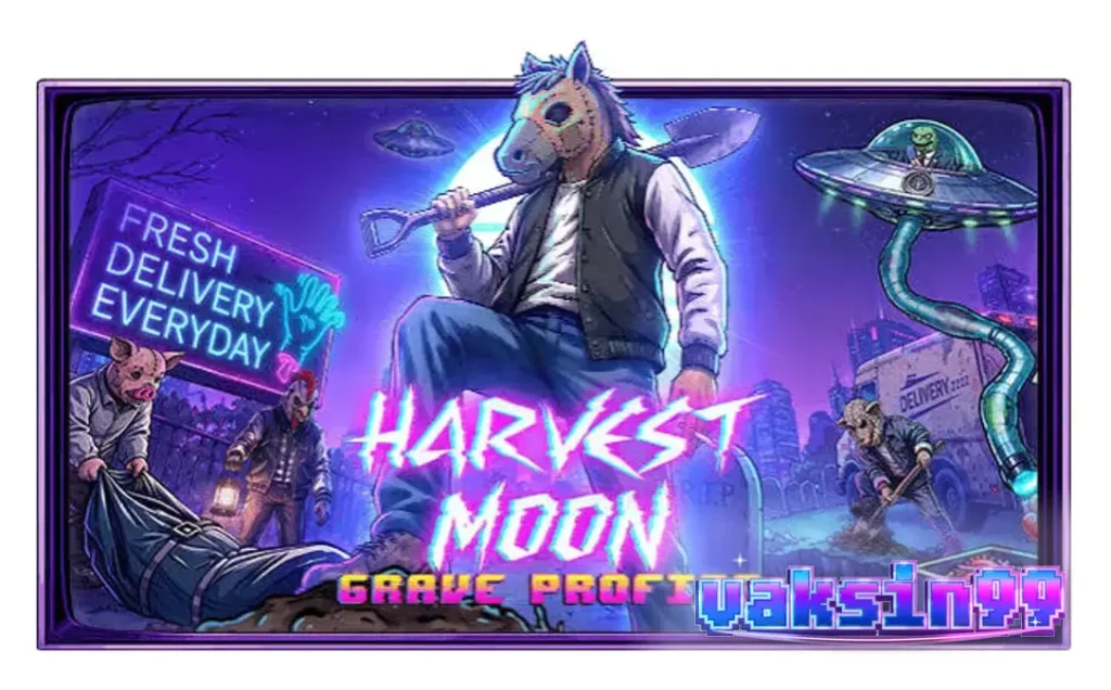 Tampilan layar permainan slot Harvest Moon Grave Profits dengan tema horor sci-fi.